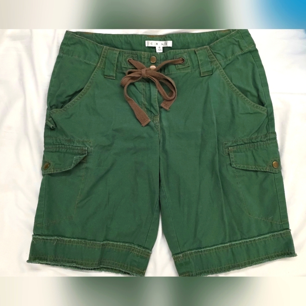 CAbi Green Cargo Shorts with Brown Drawstring